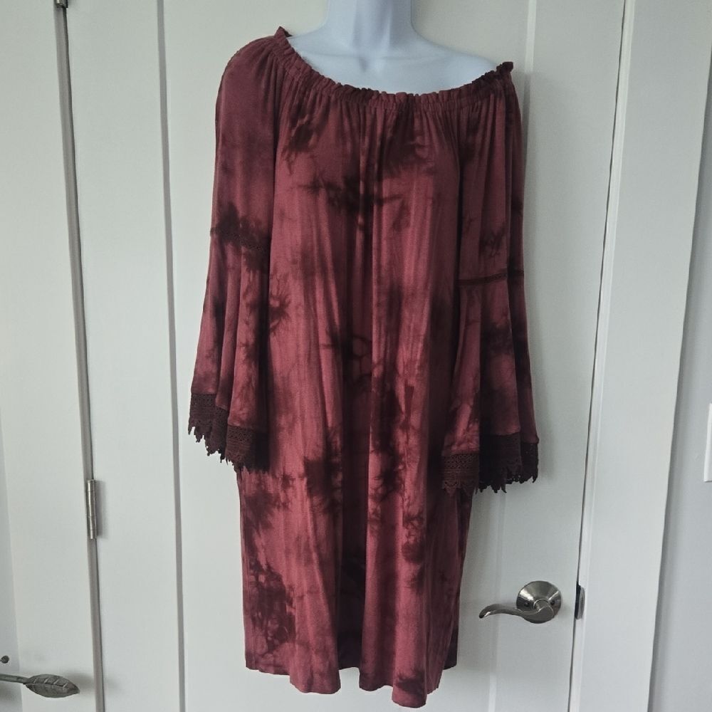 Indigo Thread Co. Burgundy Off-Shoulder Tie Dye Dress